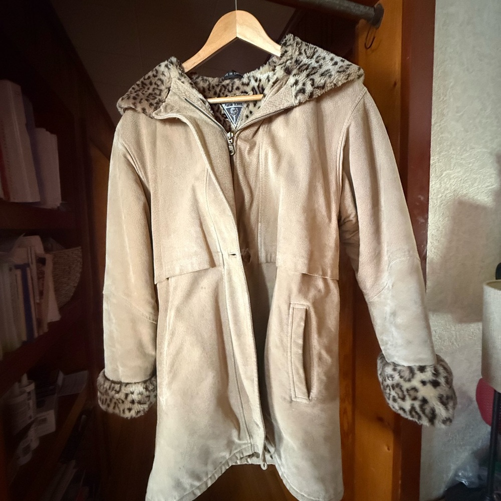 Marvin Richards Tan Suede Coat with Leopard Trim